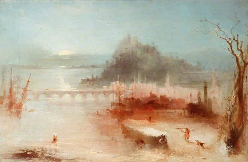A Town on the Rhine, with a Bridge and a Castle on a Height – Sunrise - J. M. W. Turner image 1 reproduction de peinture à l’huile