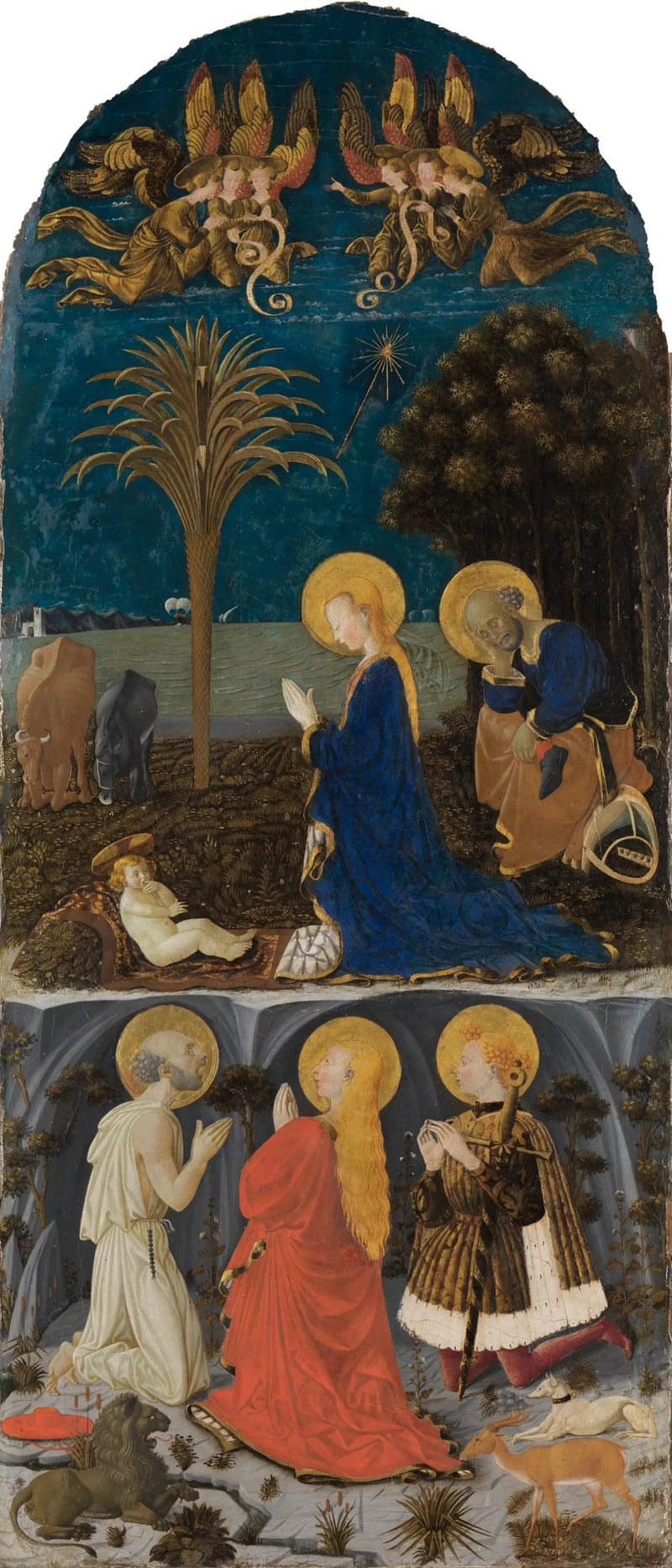 Anbetung des Kindes mit den Heiligen Hieronymus, Maria Magdalena, Eustachius und Julian - Paolo Uccello