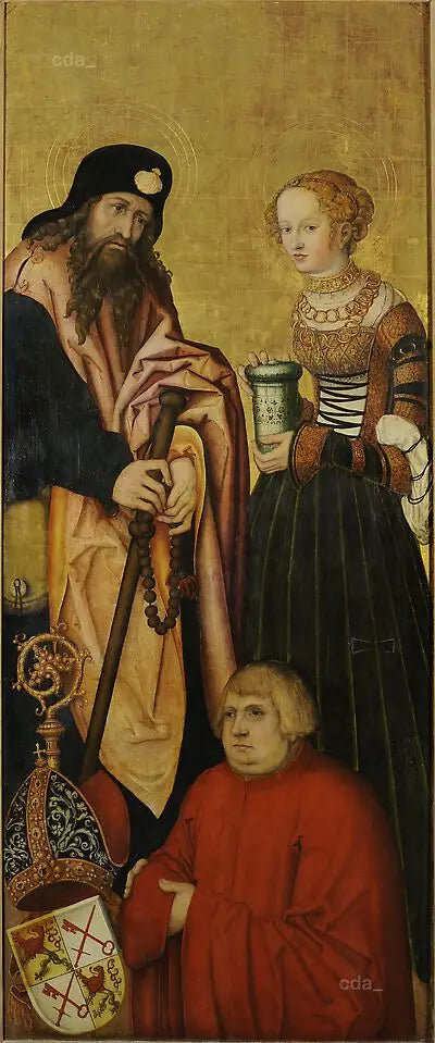 Ailes du retable du chœur ouest de la cathédrale de Naumbourg [aile droite] : l'apôtre Jacques l'Ancien et sainte Marie-Madeleine avec l'évêque Jean III de Schönberg (1492-1517) comme donateur [intérieur] - Lucas Cranach the Elder image 1 tableau peint à l’huile sur toile
