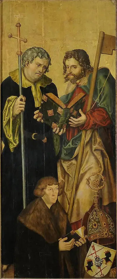 Flügel des Chorgestühls im westlichen Teil des Naumburger Doms [linker Flügel]: der Apostel Philipp und Jakobus der Jüngere mit Philipp, Pfalzgraf am Rhein (1480-1541), Bischof von Freising (siehe - Lucas Cranach der Ältere