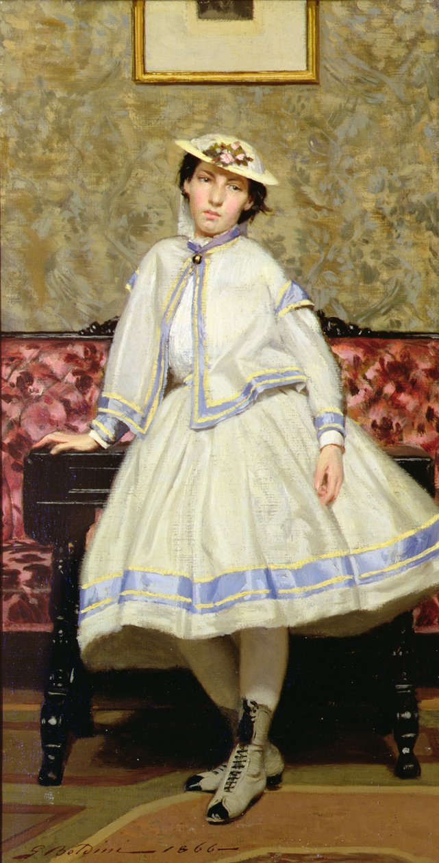 Alaide Banti in weißem Kleid - Giovanni Boldini