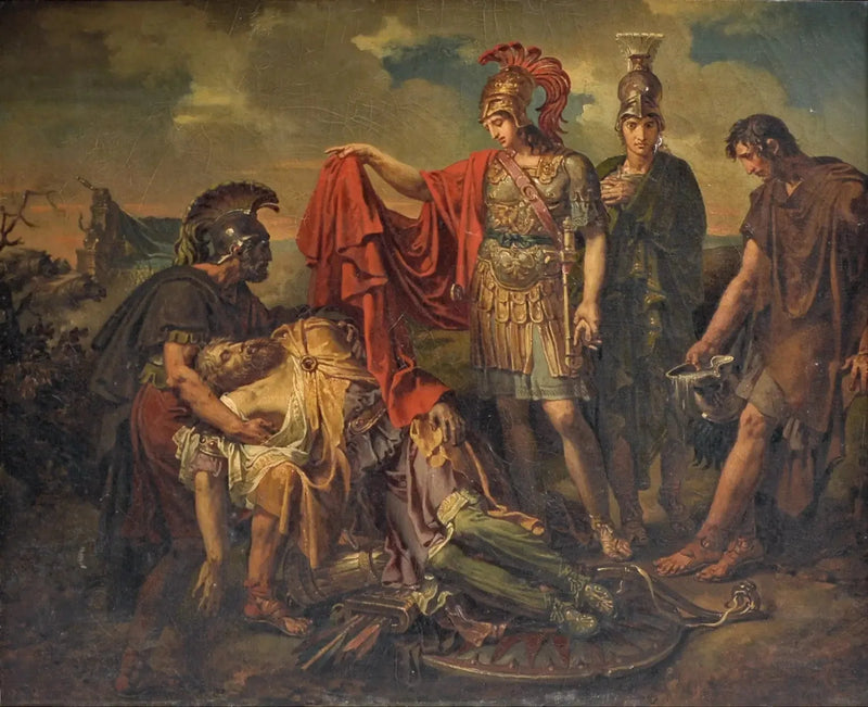 Alexandre bedeckt mit seinem Mantel den Körper von Darius - Charles Meynier