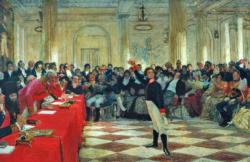 Alexandre Sergueïevitch Pouchkine rezitiert sein Gedicht vor Gavrila Derjavin während der Prüfung am Lyzeum von Zarskoje Selo am 8. Januar 1815. - Ilya Repin