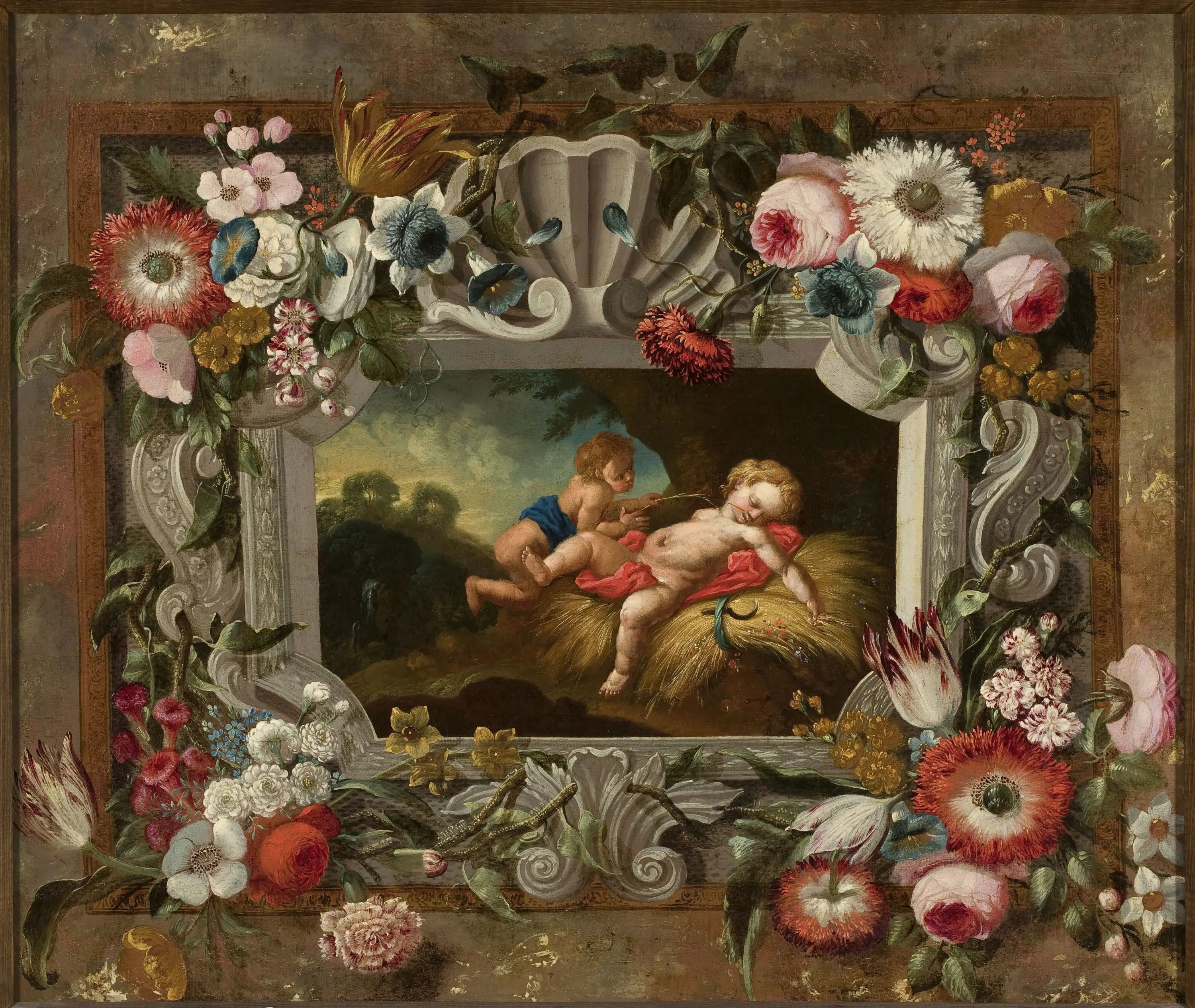 Allégorie de l'été dans un cercle de fleurs - François Boucher image 1 copie de tableau peinte à la main