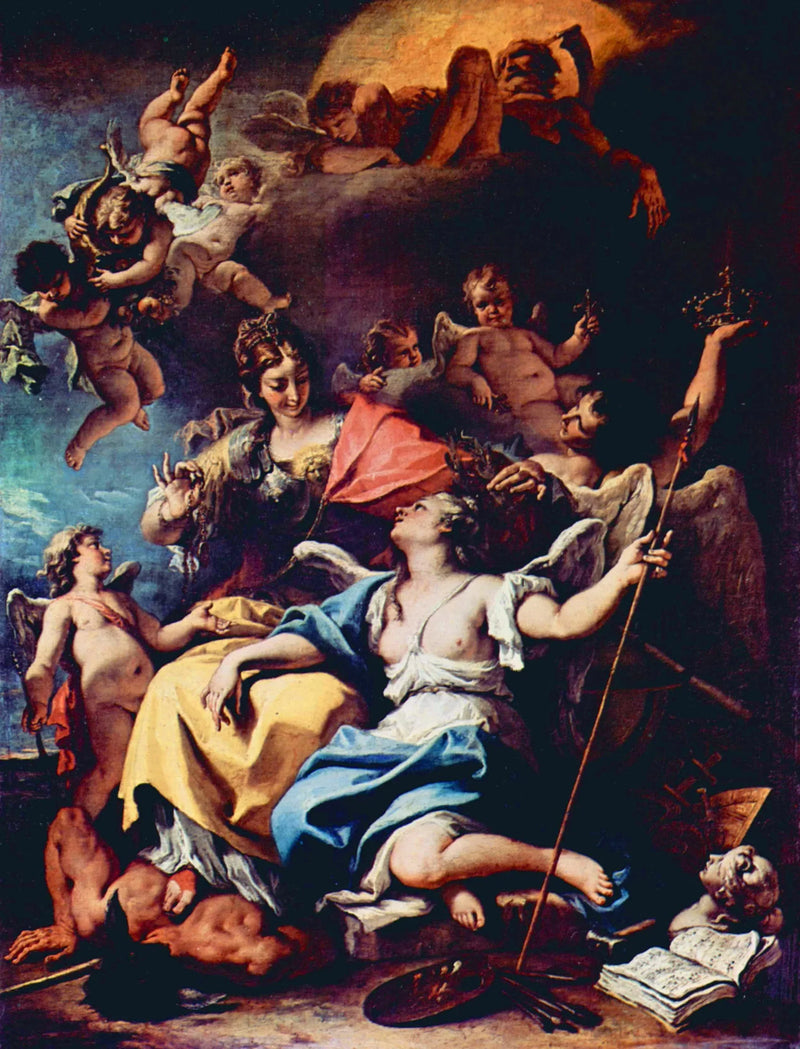 Allegorie Frankreichs in der Gestalt von Minerva, die die Ignoranz zertreten und die Tugend krönt - Sebastiano Ricci