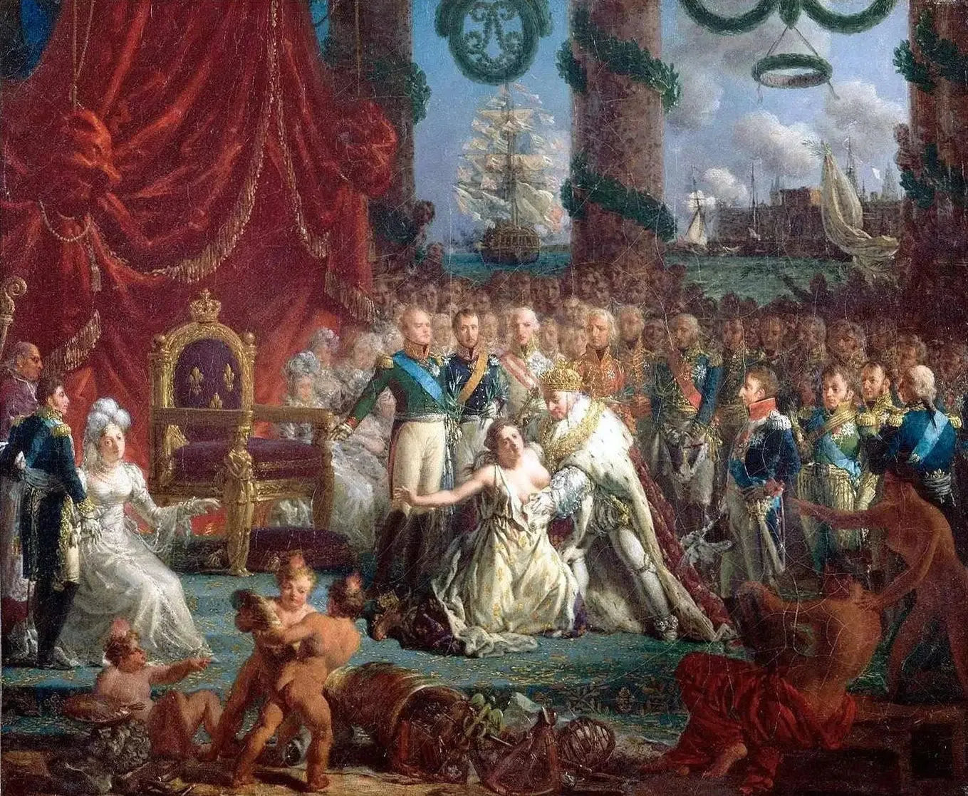 Allégorie du retour des Bourbons le 24 avril 1814 : Louis XVIII relevant la France de ses ruines. - Louis-Philippe Crépin image 1 copie peinte à la main à l’huile