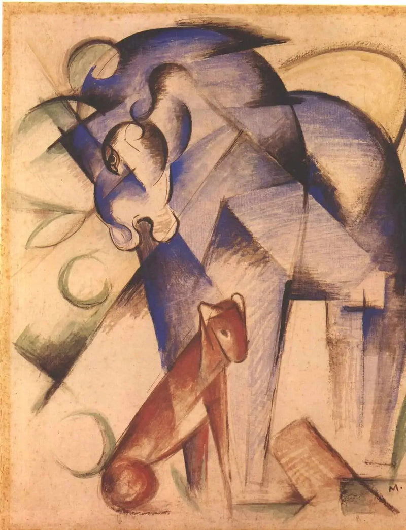 Fabelhafte Tiere (blaues Pferd und roter Hund) - Franz Marc