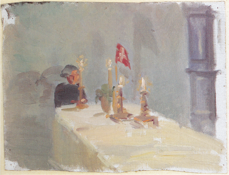 Geburtstag. Eine Frau am Ende eines Tisches mit Kerzen und einer Fahne. – Anna Ancher