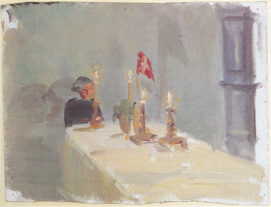 Geburtstag. Eine Frau am Ende eines Tisches mit Kerzen und einer Fahne. – Anna Ancher