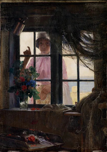Nach dem Bad. Ein junges Mädchen klopft an das Fenster des Fischers. - Carl Heinrich Bloch