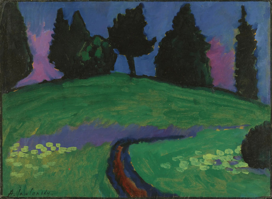 Dunkle Bäume auf einem grünen Hang - Alexej von Jawlensky