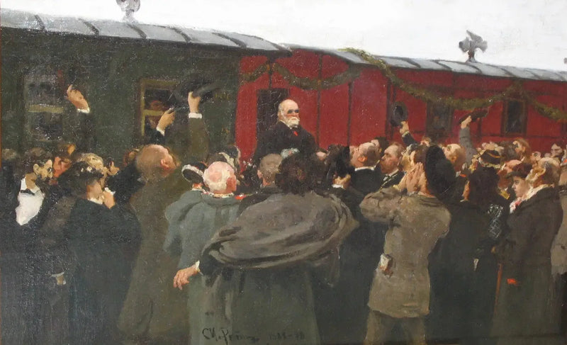 Ankunft von Nikolaï Ivanovitch Pirogov in Moskau anlässlich des 50. Jubiläums seiner wissenschaftlichen Aktivitäten. - Ilya Repin