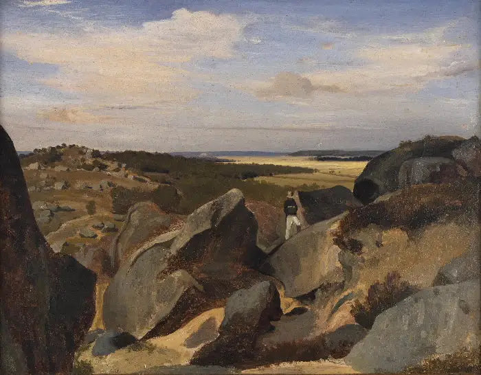 Künstler, der in einem Chaos aus Felsen in Fontainebleau unterwegs ist - Jean-Baptiste Camille Corot