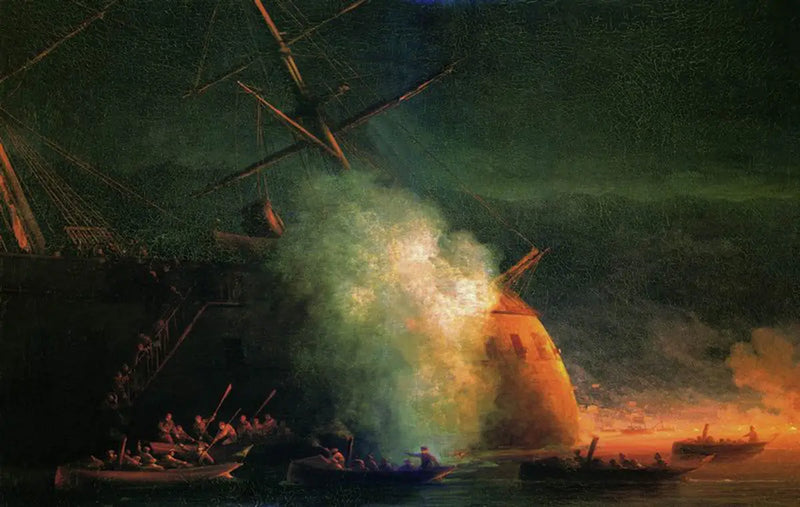 Angriff einer Mine durch Schiffe des Kreuzfahrtschiffs Großherzog Konstantin des türkischen Schlachtschiffs Assari-Shevket auf die Bucht von Soukhoum am 12. August 1877 - Ivan Aïvazovski
