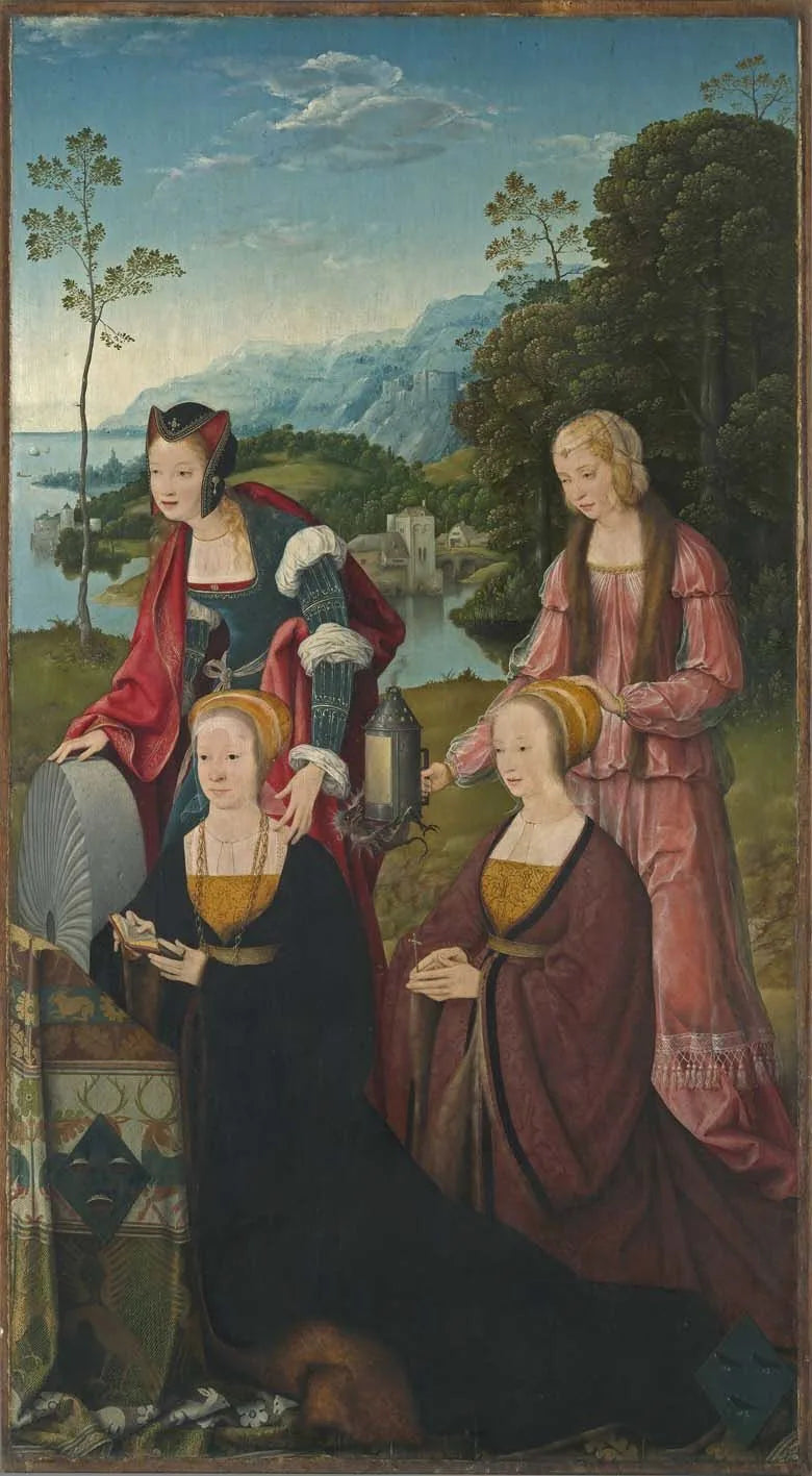 Marien-Tod-Altärchen: Heilige Christine und Gudula mit den Spendengeberinnen Christine und Sibilla Hackeney im Hintergrund; außen: Heilige Sebastian und Roch - Joos van Cleve