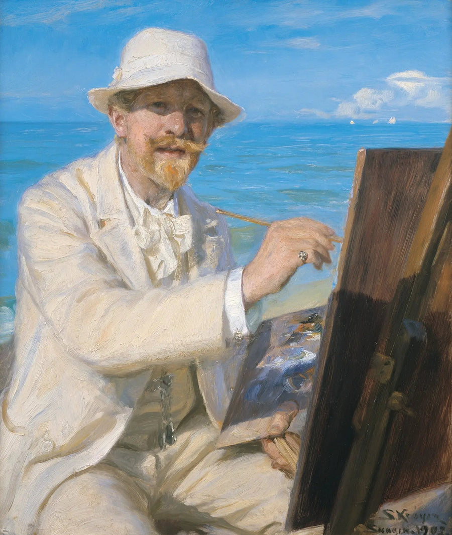 Selbstporträt, sitzend neben seiner Staffelei am Strand von Skagen - Peder Severin Krøyer