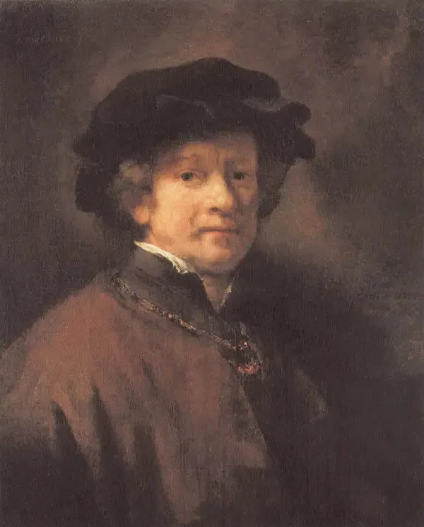 Selbstporträt mit schwarzem Barett und goldener Kette - Rembrandt