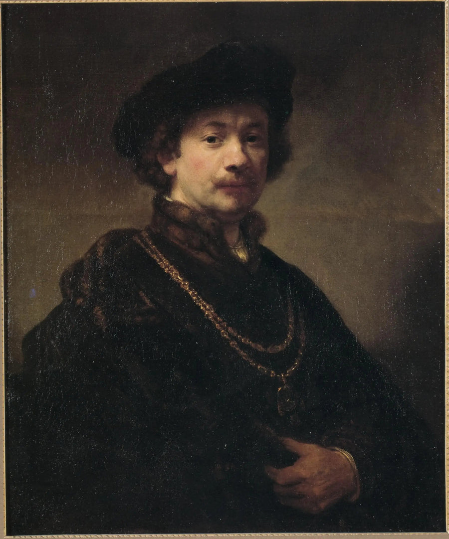 Selbstporträt mit einer Mütze, einer Goldkette und einer Medaille - Rembrandt
