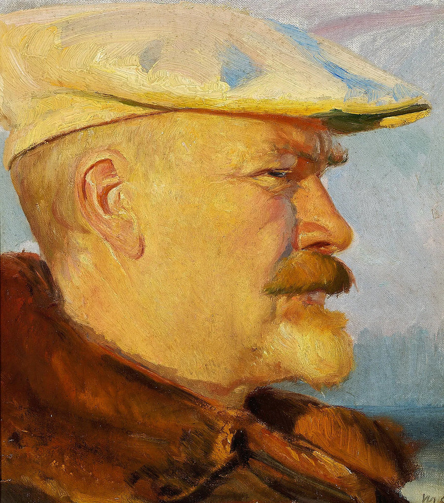 Selbstporträt mit weißer Malermütze im Sonnenuntergang. – Michael Peter Ancher