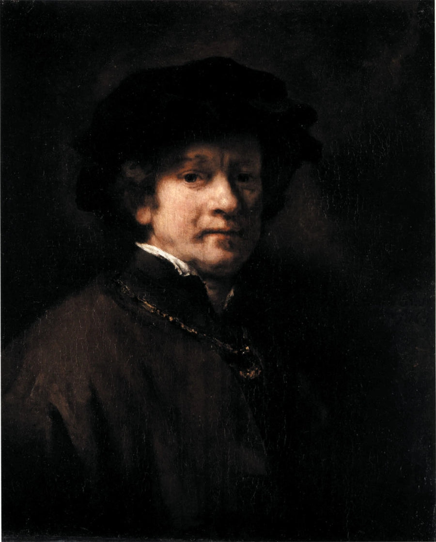 Selbstporträt mit schwarzem Barett und goldener Kette - Rembrandt