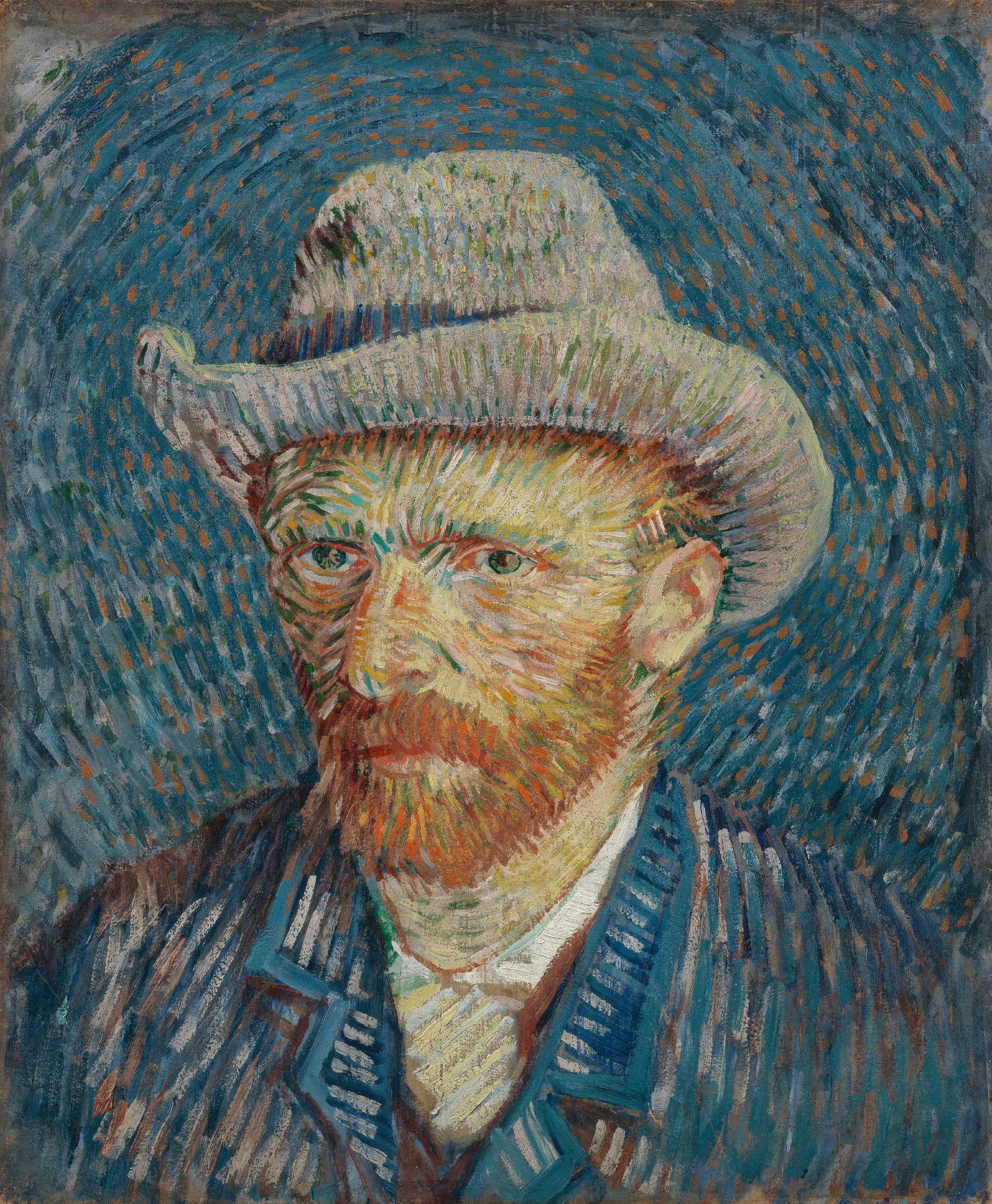Autoportrait au chapeau de feutre gris F344 — visage à barbe rousse sur fond bleu hachuré par Vincent van Gogh