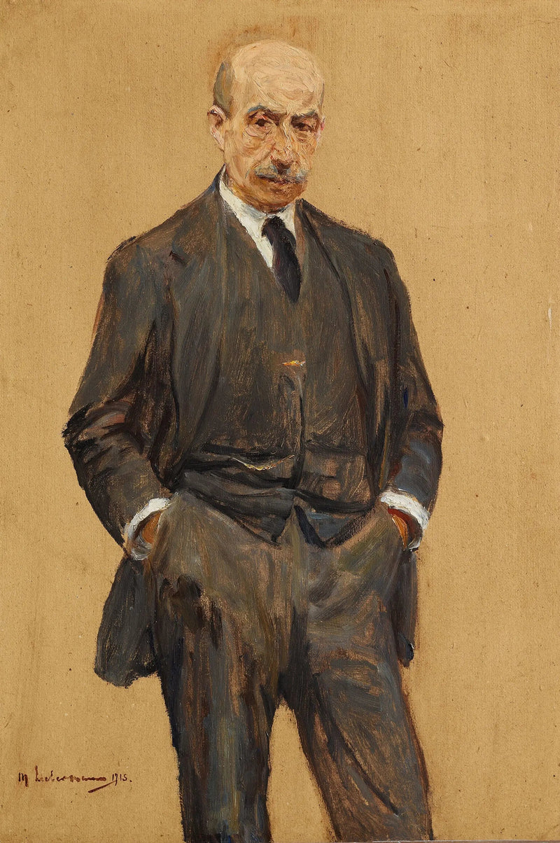 Selbstporträt, stehend in Dreiviertelfigur, beide Hände in den Hosentaschen - Max Liebermann