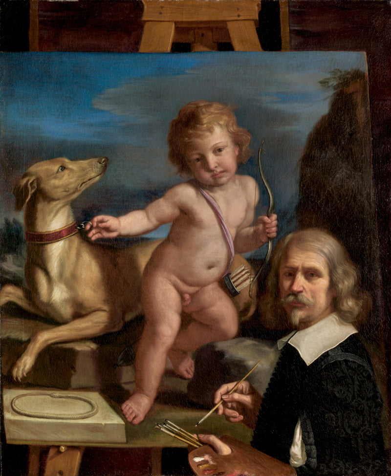 Selbstporträt vor einem Gemälde mit „Amor Fedele“ - Guercino