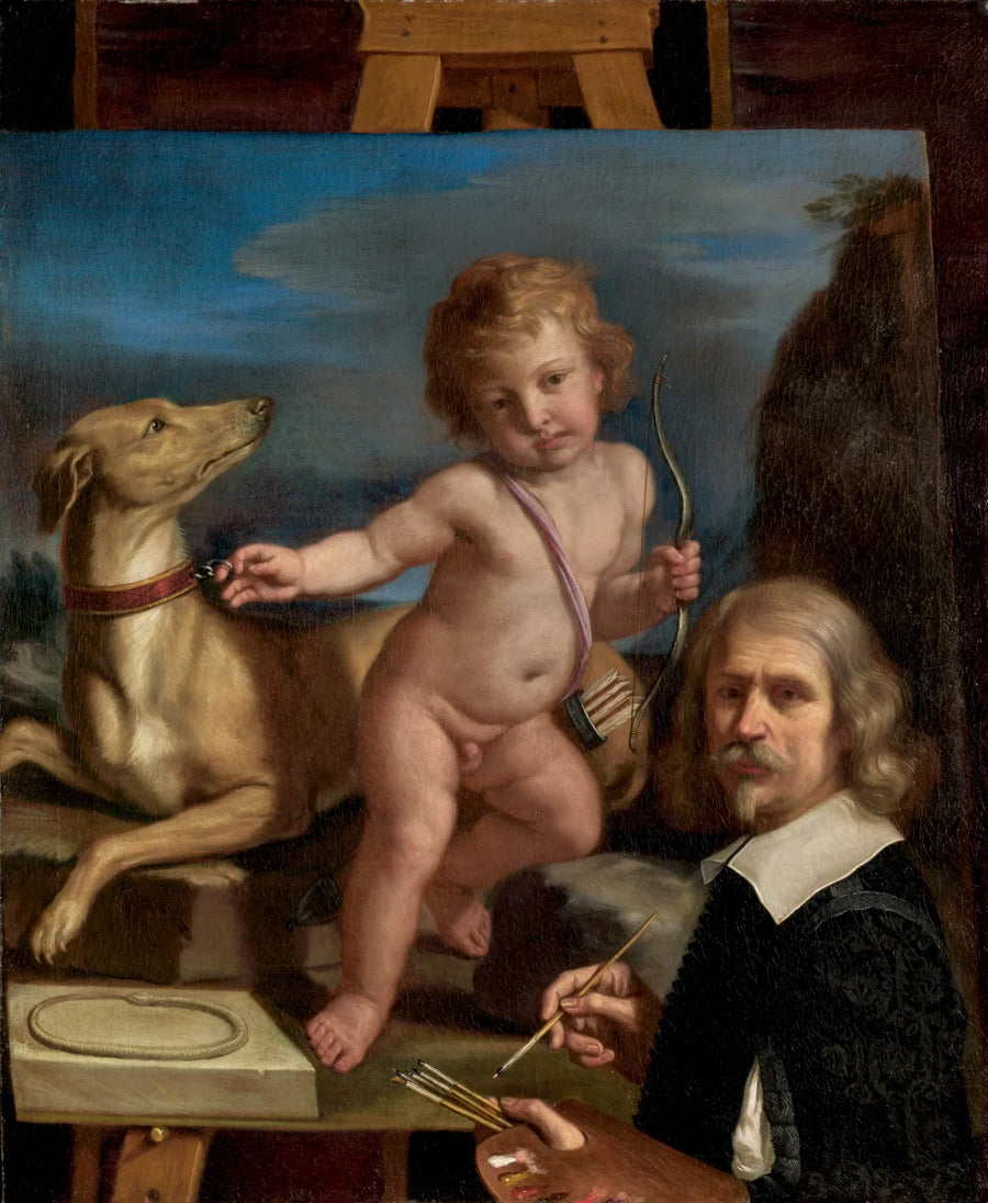 Selbstporträt vor einem Gemälde mit „Amor Fedele“ - Guercino