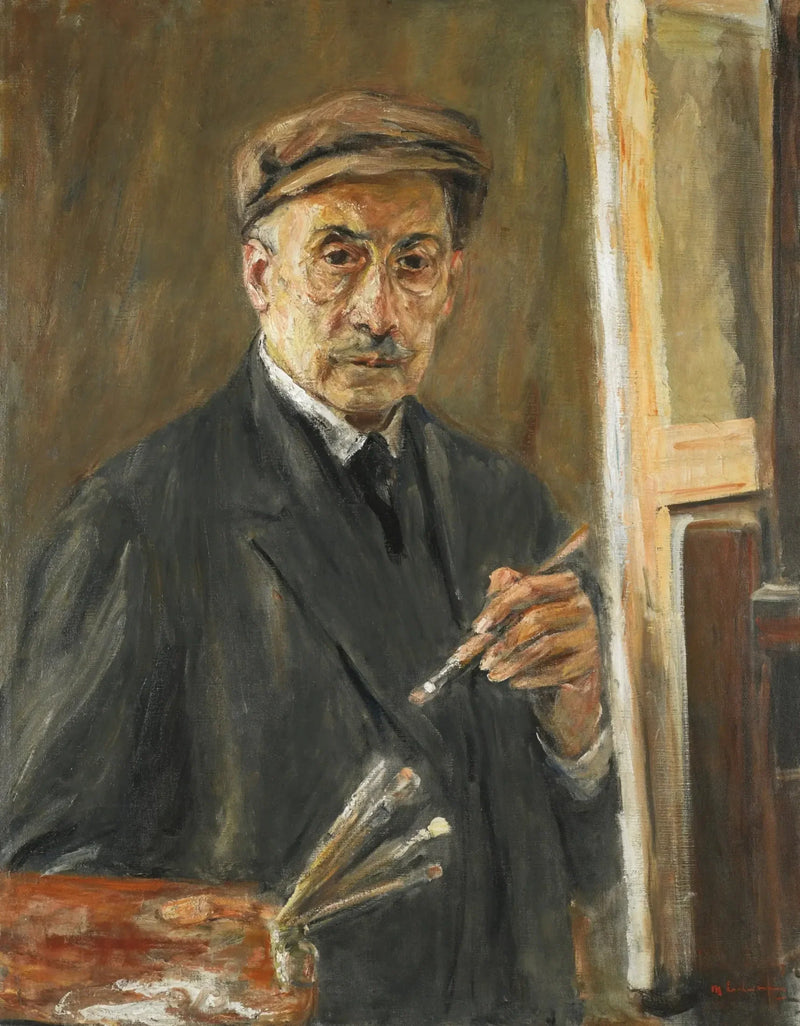 Selbstporträt mit einem Mantel, Pinsel und Palette - Max Liebermann
