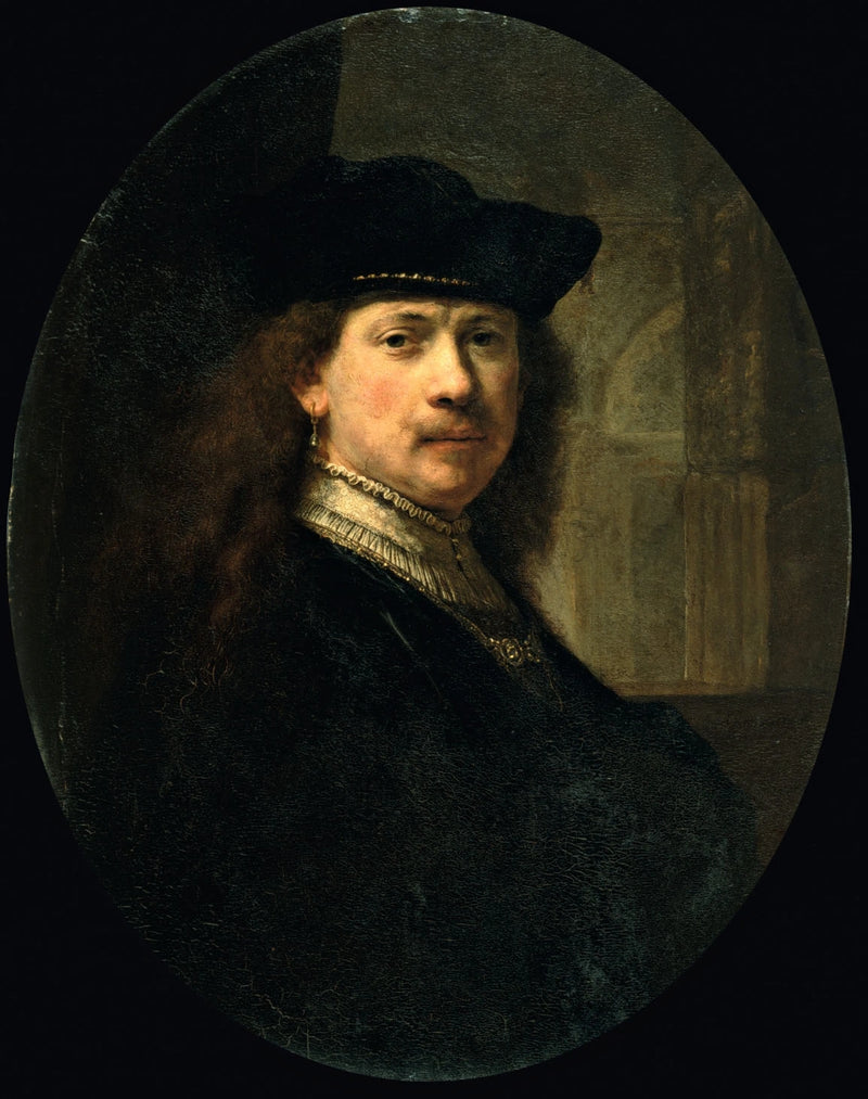 Selbstporträt mit Mütze vor architektonischem Hintergrund - Rembrandt