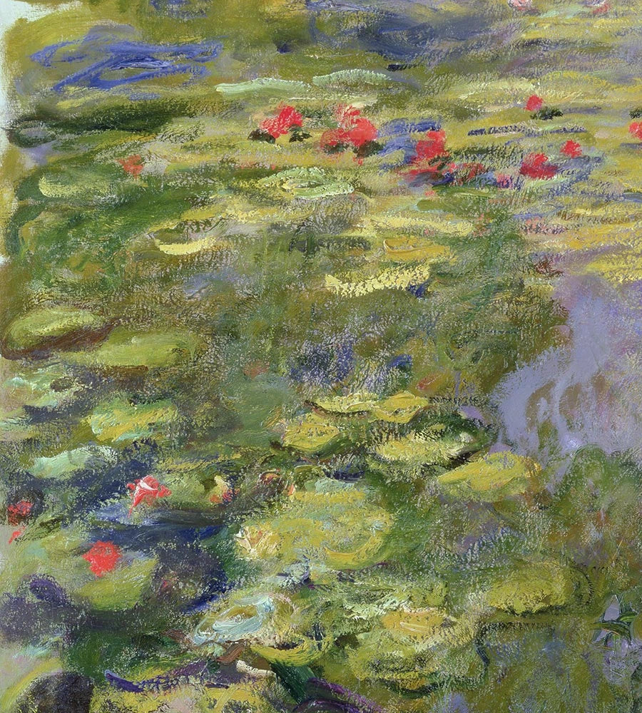 Détail des fleurs rouges et des feuilles vert olive dans Le Bassin aux nymphéas W1888/1