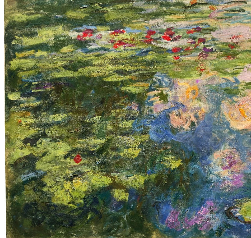 Détail des nymphéas rouges et roses dans Le Bassin aux nymphéas W1897 de Claude Monet