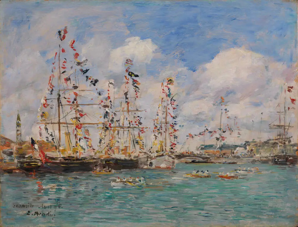 Bateaux décorés de drapeaux dans le port de Deauville - Eugène Boudin image 1 reproduction de peinture à l’huile