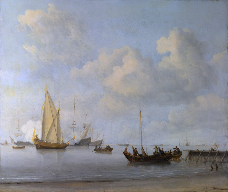 Bateaux se retirant vers un yacht dans le calme - Willem Van de Velde le Jeune