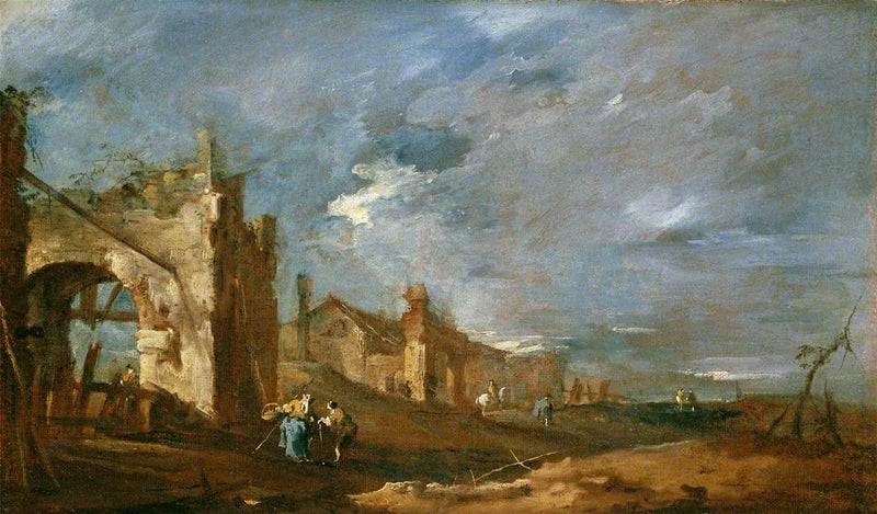 Ruinengebäude und Figuren am Ufer der Lagune - Francesco Guardi