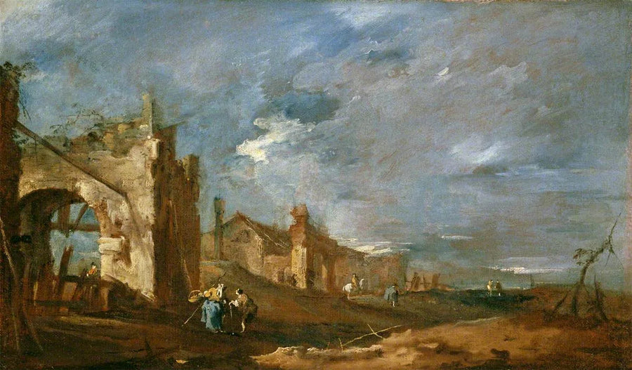 Ruinengebäude und Figuren am Ufer der Lagune - Francesco Guardi