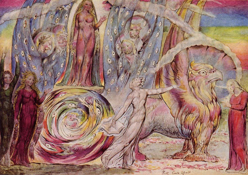 Béatrice spricht von dem Auto aus zu Dante - William Blake