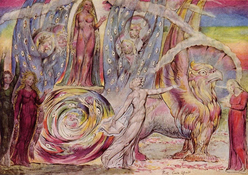 Béatrice spricht von dem Auto aus zu Dante - William Blake