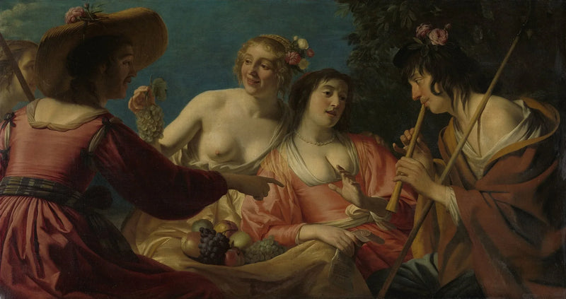 Berger, der Flöte spielt, und vier Schäferinnen - Gerrit van Honthorst