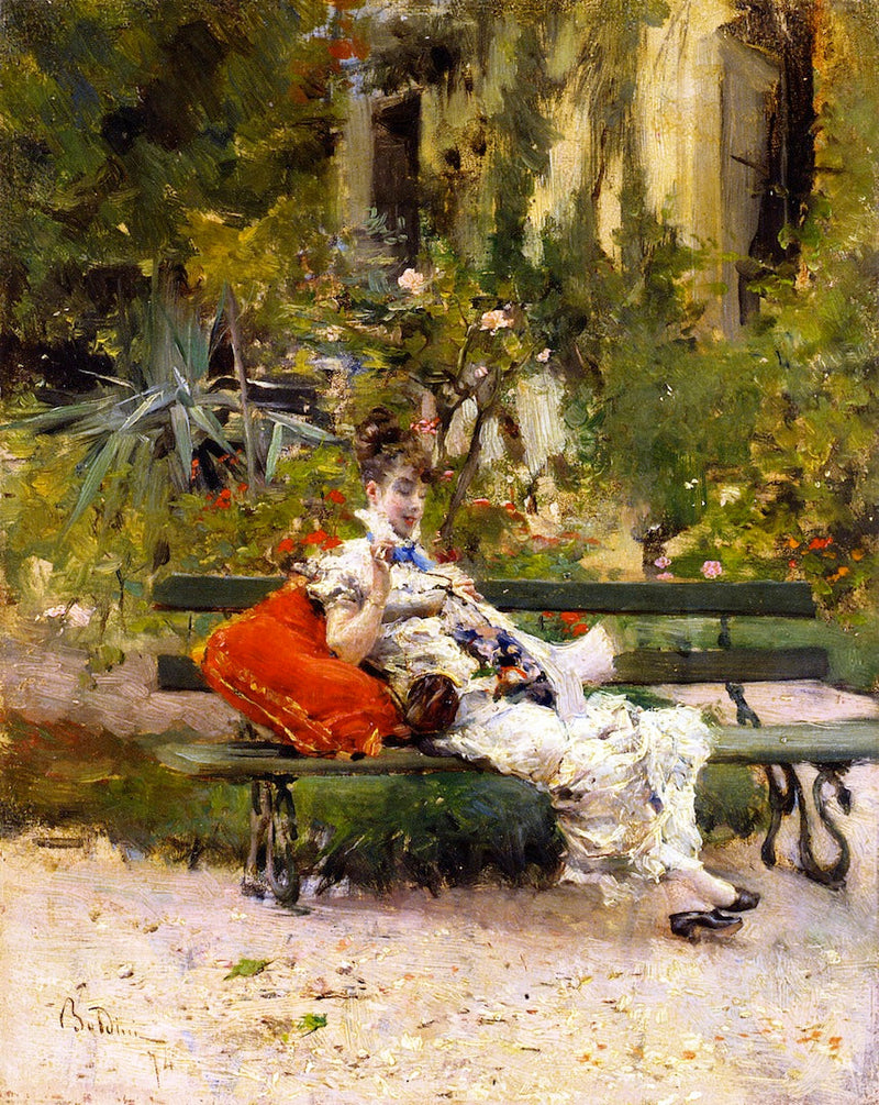 Berthe näht im Garten - Giovanni Boldini