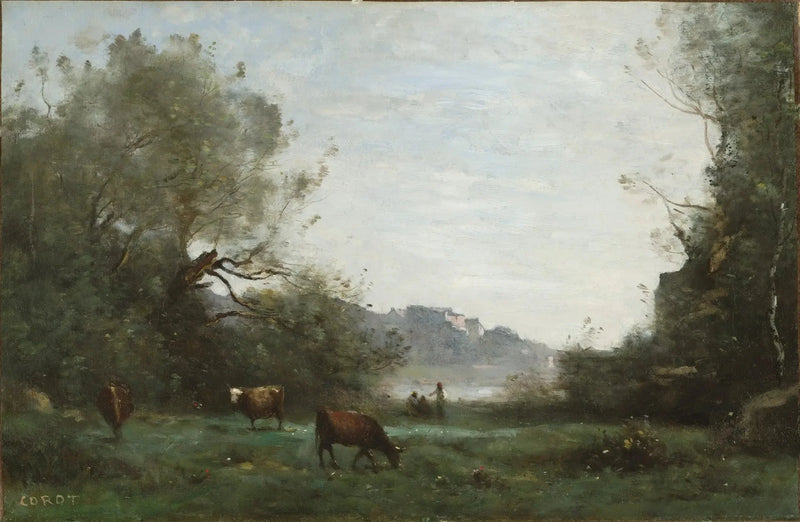 Vieh auf der Weide in einem bewaldeten Tal - Jean-Baptiste Camille Corot