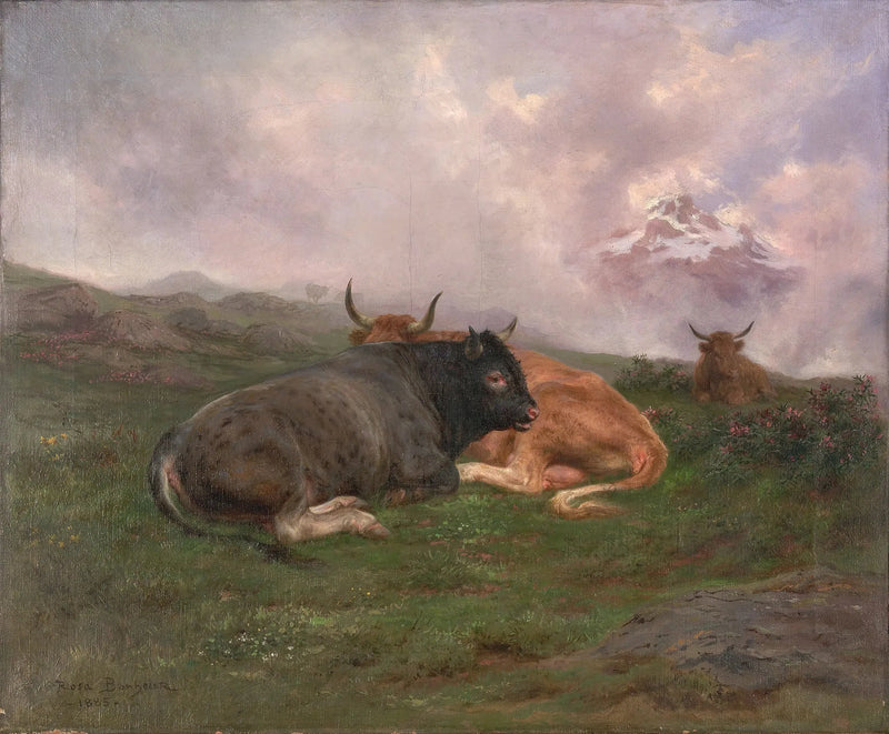 Vieh im Ruhestand auf einem Hügel in den Alpen - Rosa Bonheur