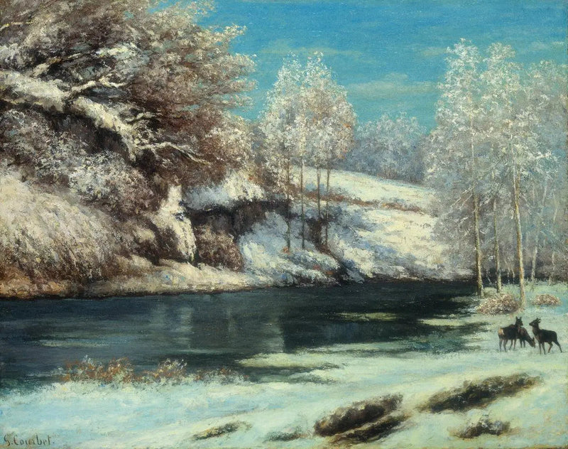 Rehe und Reh nahe einem Fluss - Gustave Courbet