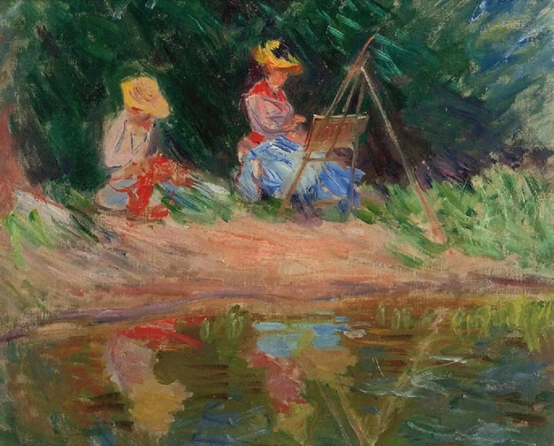 Blanche Monet malt mit ihrer Schwester Suzanne am Wasser - Claude Monet
