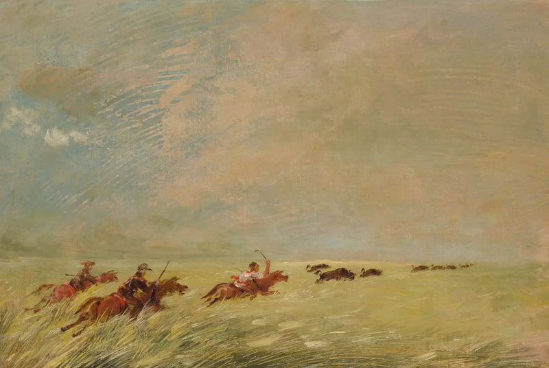 Bogard, Batiste und ich jagen den Bison im hohen Gras vor dem Hintergrund des Missouri - George Catlin