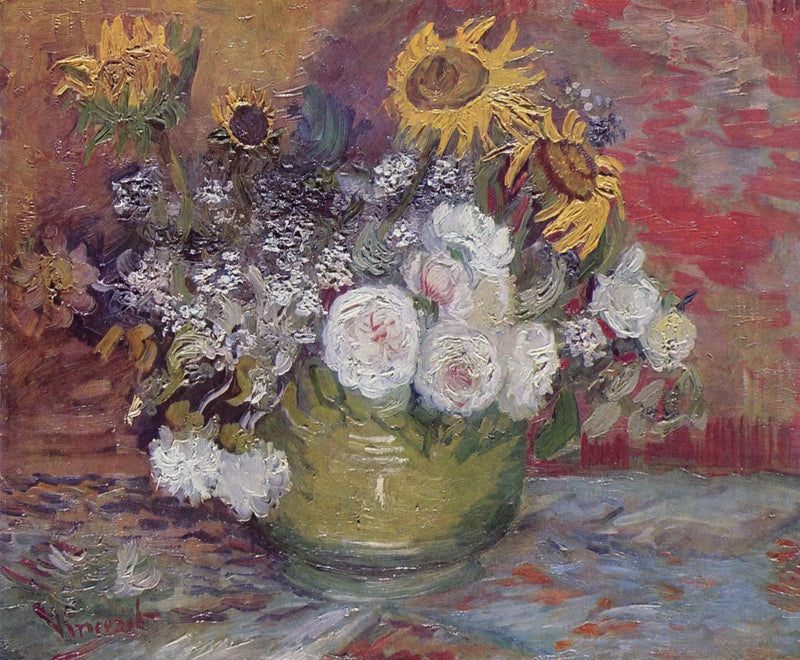 Schale mit Sonnenblumen, Rosen und anderen Blumen - Vincent van Gogh