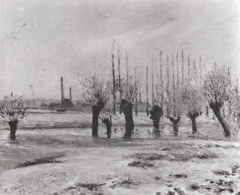 Ufer der Oise in Pontoise, Schneeeffekt - Camille Pissarro