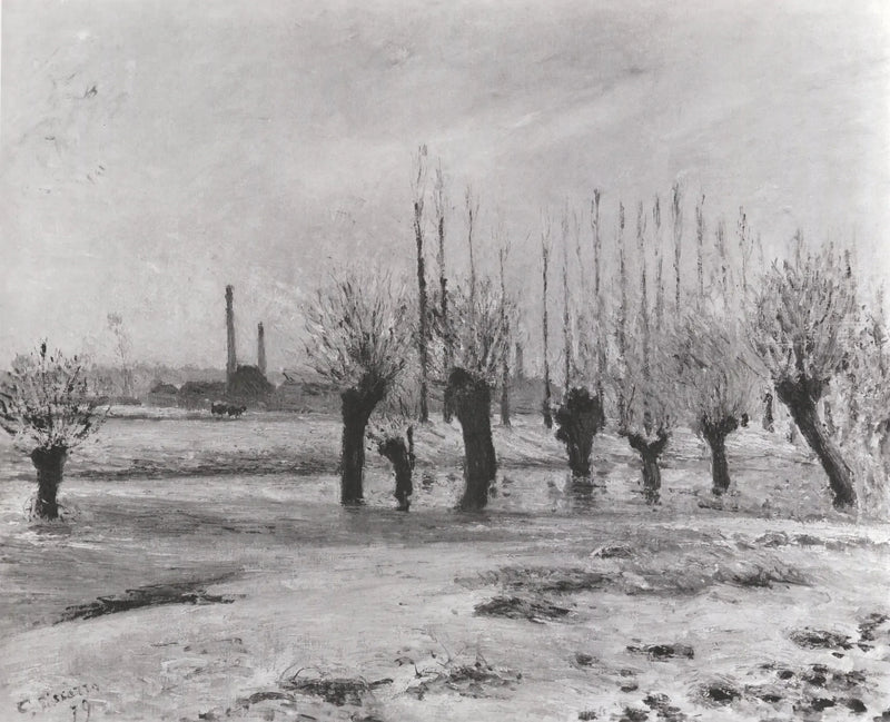 Ufer der Oise in Pontoise, Schneeeffekt - Camille Pissarro