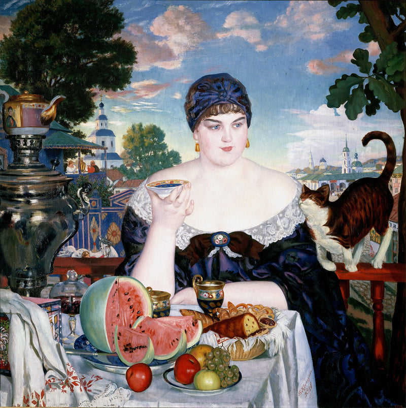 La Femme du marchand prenant le thé - Boris Koustodiev