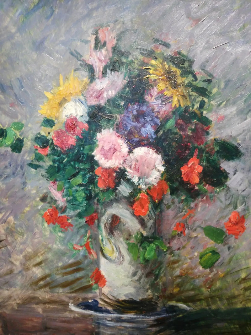 Strauß aus Gänseblümchen, Kapuzinerkresse und Sonnenblumen in einer Vase - Gustave Caillebotte